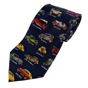 Alynn Neckwear Antique Cars Silk Tie Adjustable Pointed Blue‎ Mens One Size